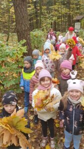 Przedszkolaki trzymają w rękach bukiety z kolorowych liści. Znajdują się w lesie. Uśmiechają się.