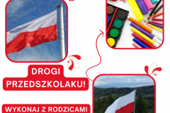 Plakat reklamujący konkurs plastyczny Barwy Ojczyste. Kolory biało-czerwone. Zdjęcia flagi Polski.